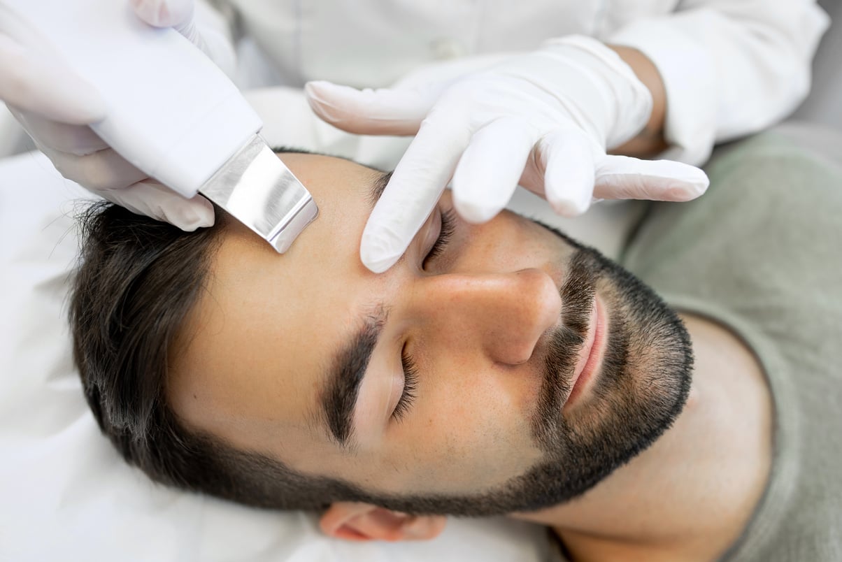 Young Man in Beauty Clinic Receiving Ultrasound Facial Cleaning Procedure